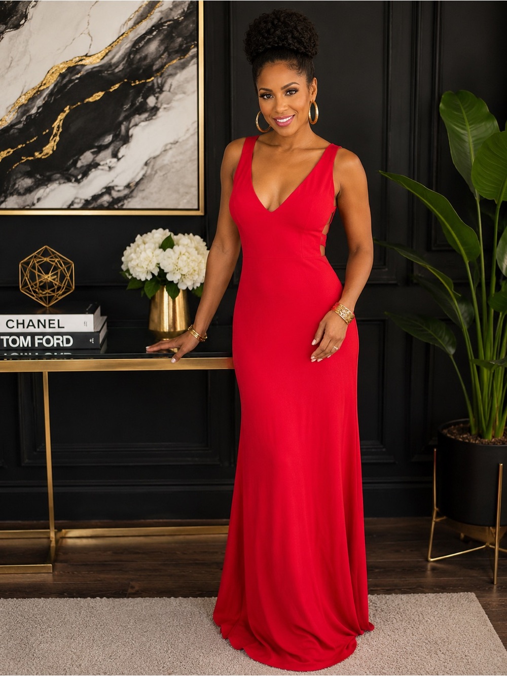 Vera Wang Red Sleeveless V-Neck Maxi Gown